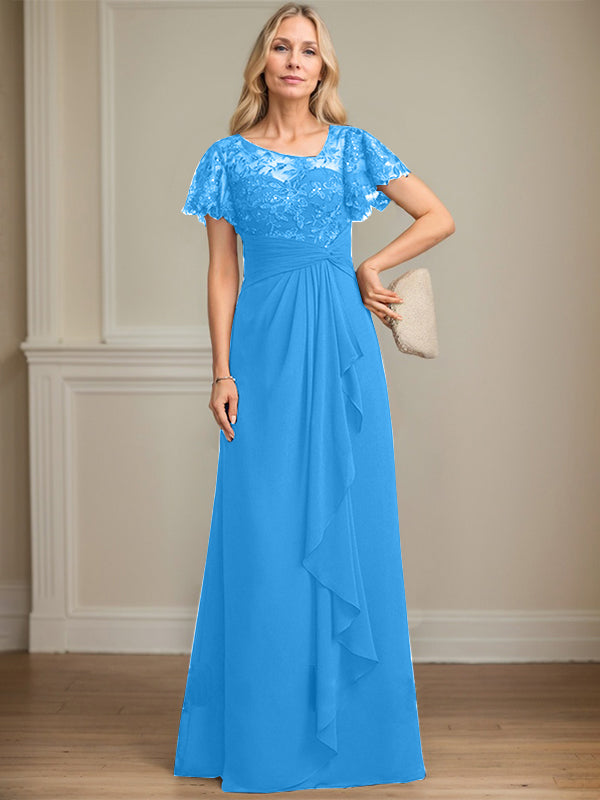 A-line Asymmetrical Illusion Floor-Length Lace Chiffon Mother of the Bride Dress With Cascading Ruffles Sequins