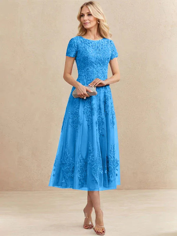 A-line Scoop Tea-Length Tulle Lace Mother of the Bride Dress