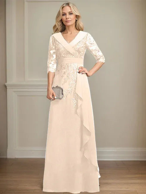 A-line Collared V-Neck Floor-Length Lace Chiffon Mother of the Bride Dress With Sequins Cascading Ruffles