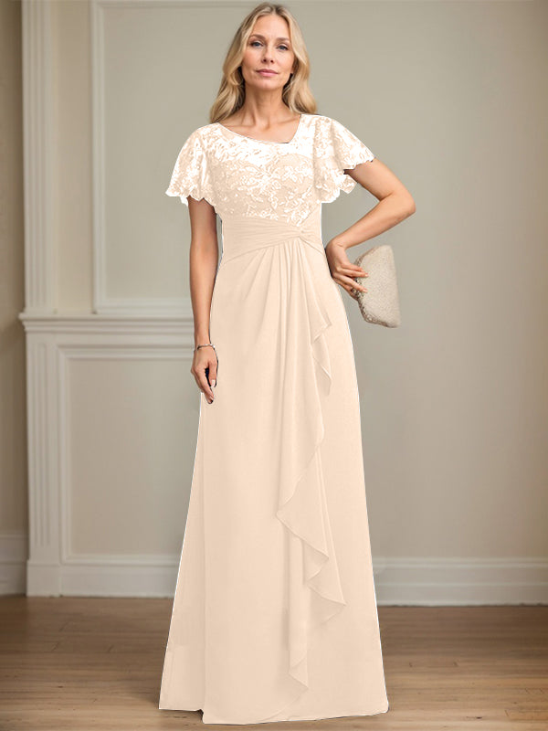 A-line Asymmetrical Illusion Floor-Length Lace Chiffon Mother of the Bride Dress With Cascading Ruffles Sequins