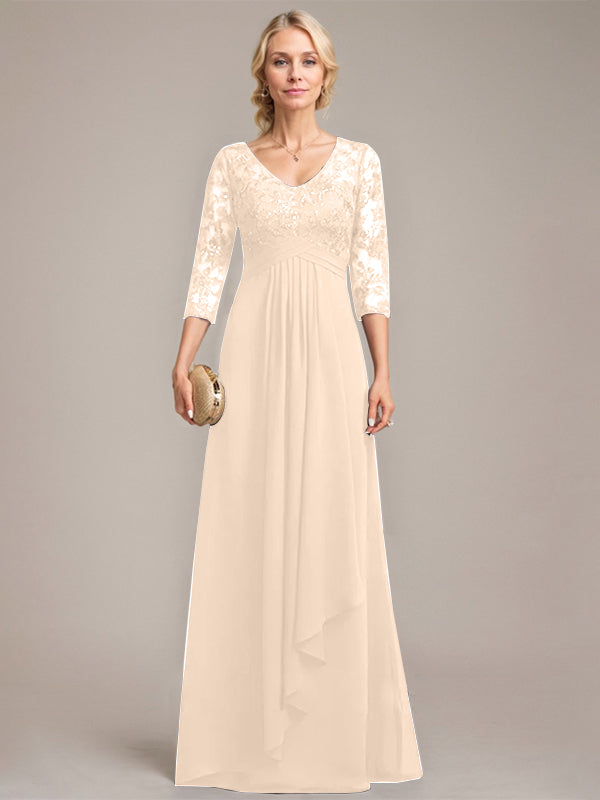 A-line V-Neck Floor-Length Lace Chiffon Mother of the Bride Dress With Cascading Ruffles Sequins