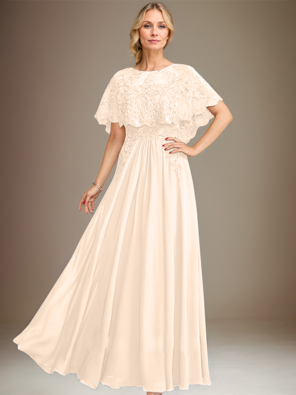 A-line Boat Neck Floor-Length Lace Chiffon Mother of the Bride Dress With Applique Sequins