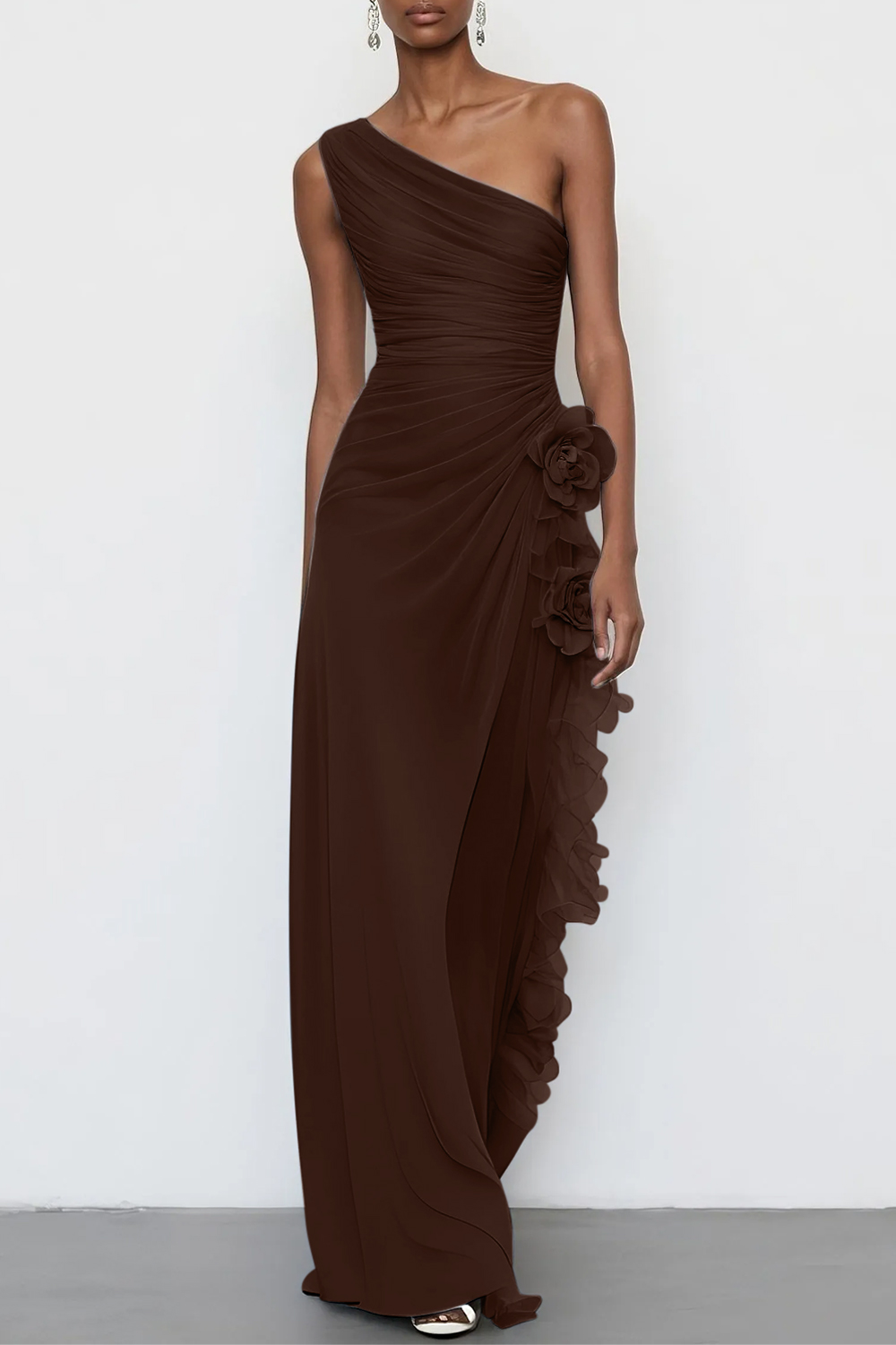 Light Blue 3D Floral Chiffon One Shoulder Sleeveless Sheath Maxi Dress