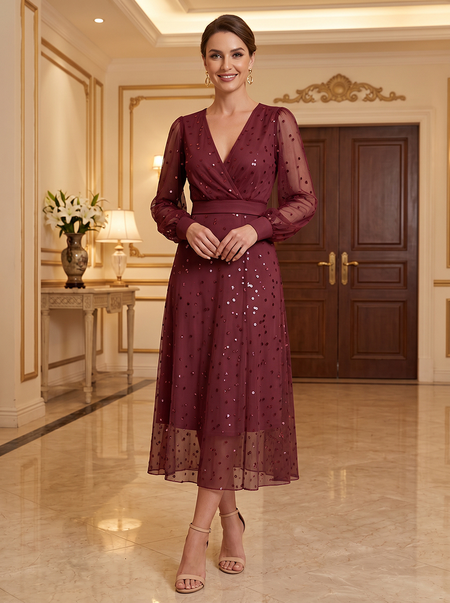 V-Neck Long Sleeve Sequin Tulle Midi Dress