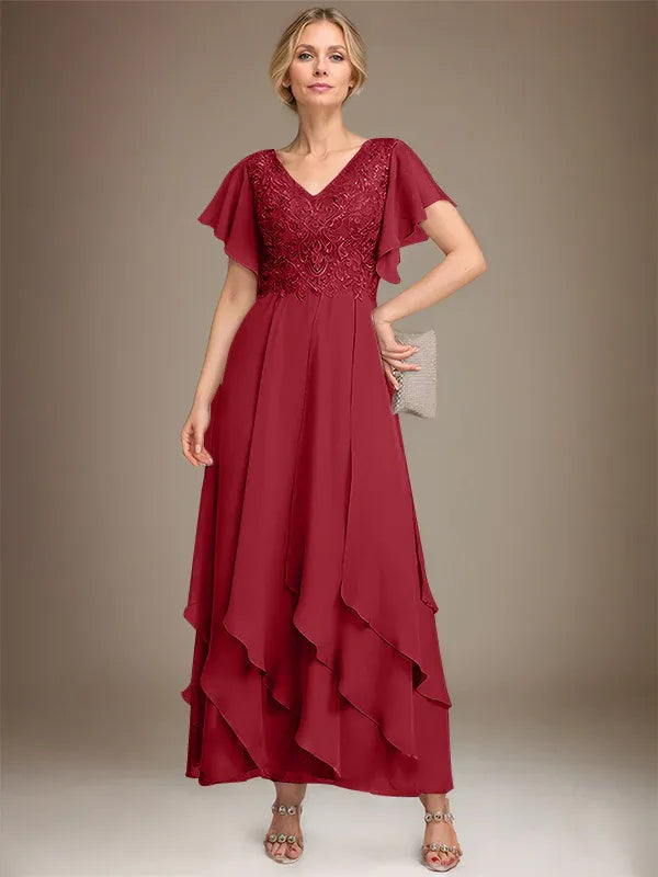 A-line V-Neck Ankle-Length Lace Chiffon Mother of the Bride Dress With Cascading Ruffles