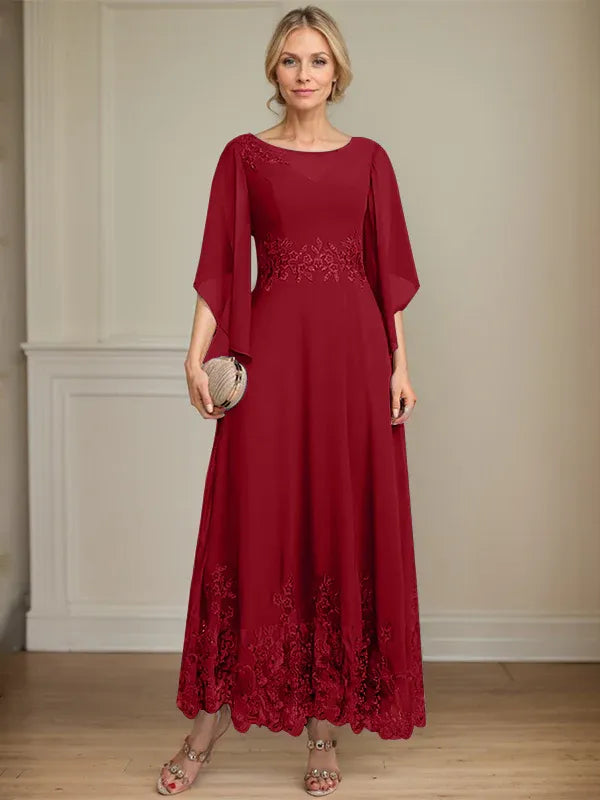 A-line Scoop Illusion Ankle-Length Lace Chiffon Mother of the Bride Dress With Sequins