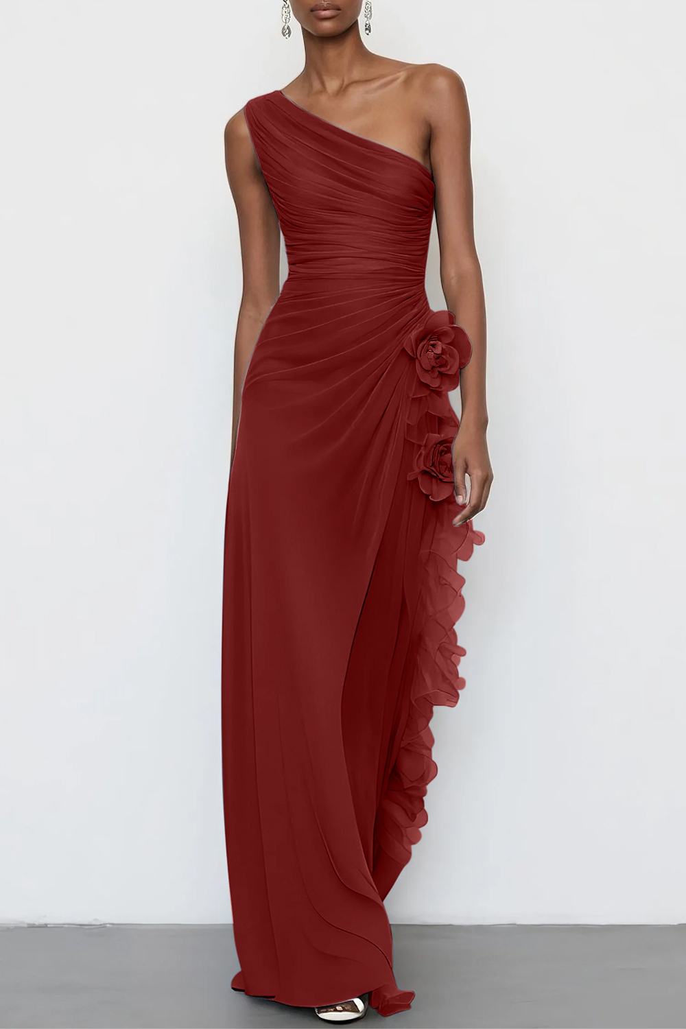 Light Blue 3D Floral Chiffon One Shoulder Sleeveless Sheath Maxi Dress