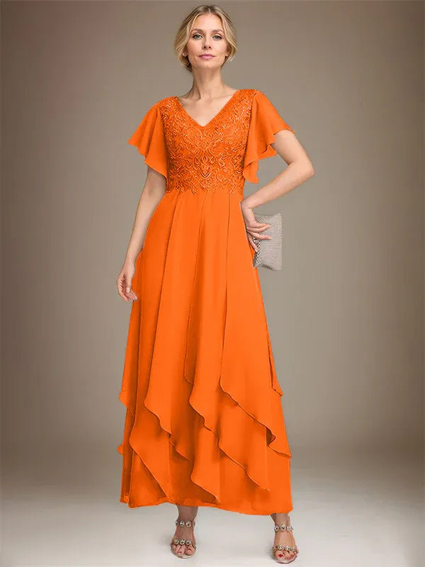 A-line V-Neck Ankle-Length Lace Chiffon Mother of the Bride Dress With Cascading Ruffles