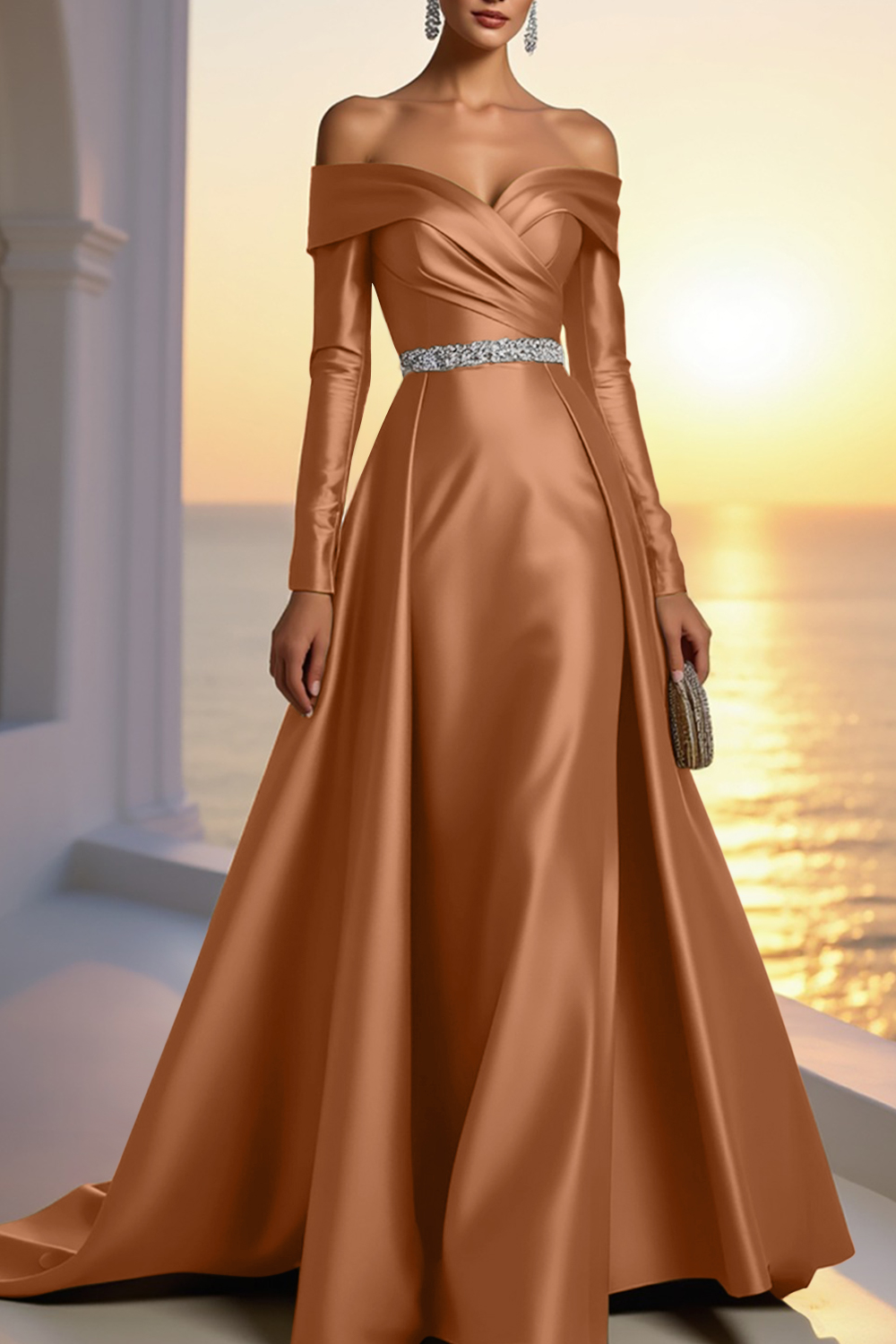 Formal Gold Satin Dress Off The Shoulder Long Sleeve Maxi Gown