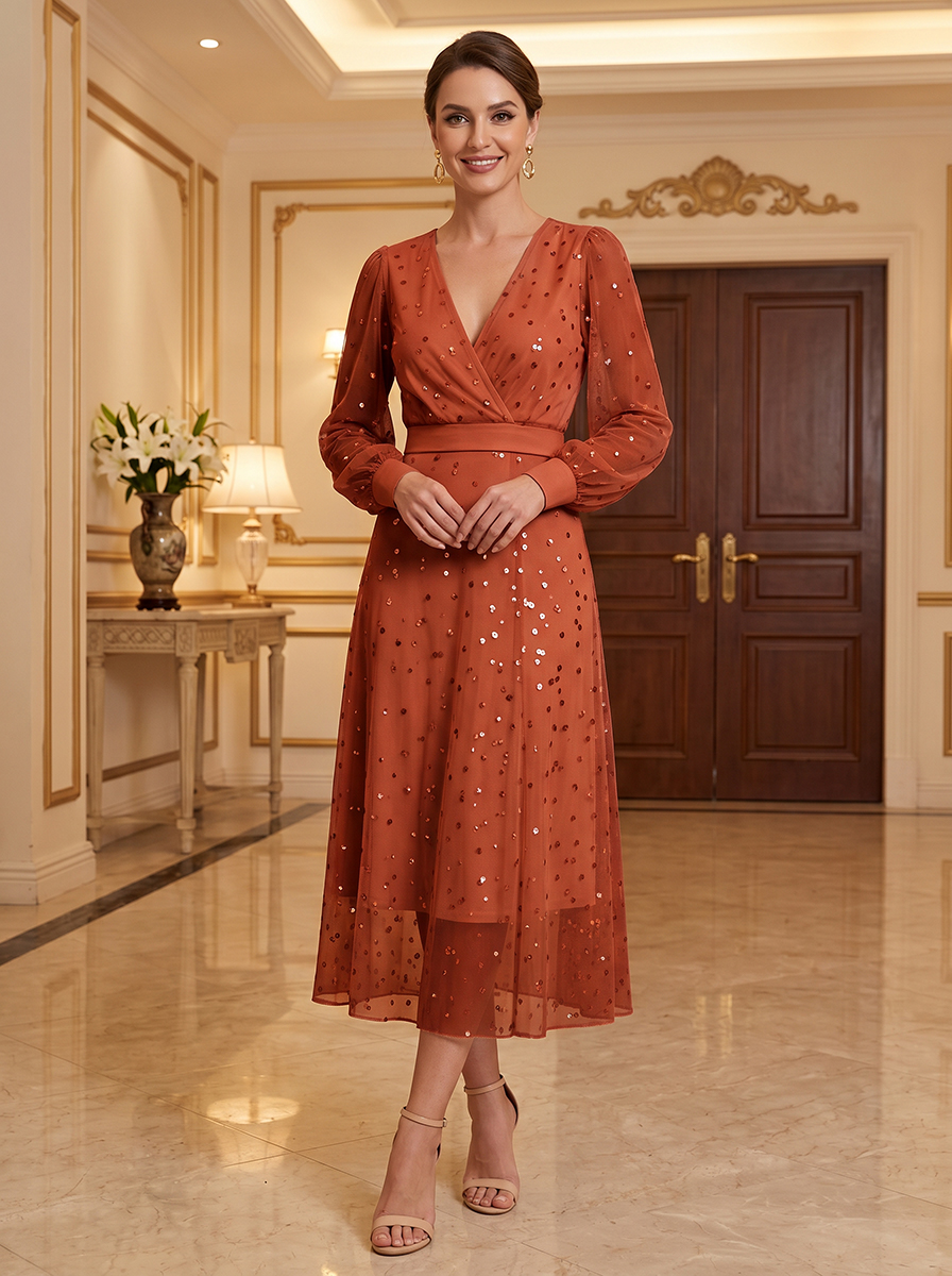 V-Neck Long Sleeve Sequin Tulle Midi Dress