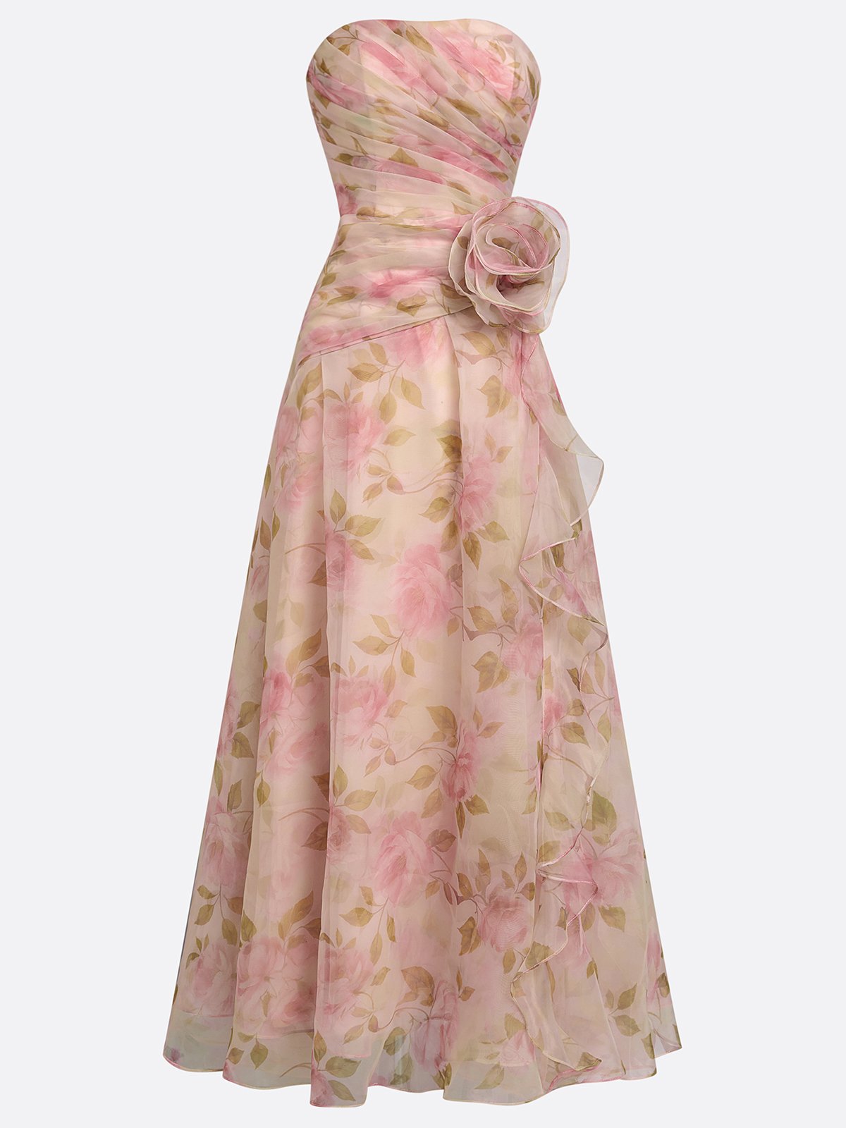 Pink Floral 3D Floral Tulle Strapless Sleeveless A-Line Floor-length Gown Dress