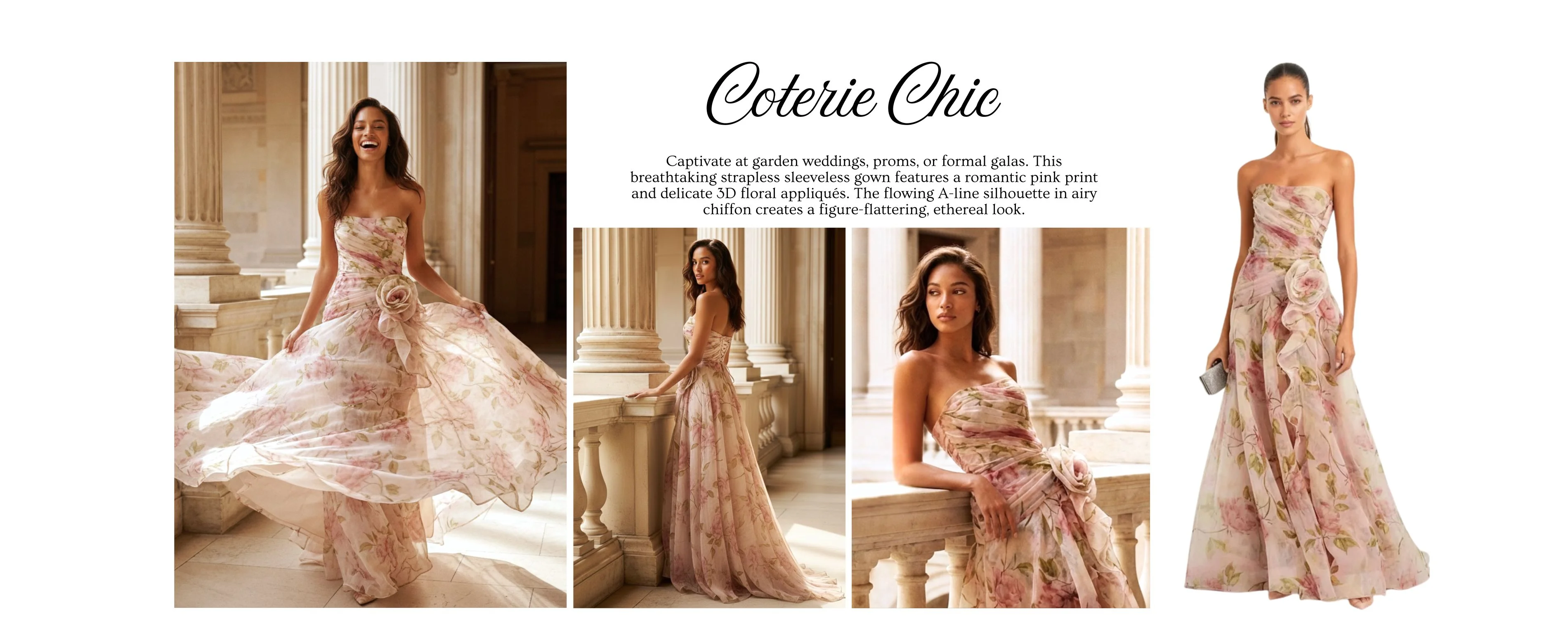 Pink Floral 3D Floral Tulle Strapless Sleeveless A-Line Floor-length Gown Dress