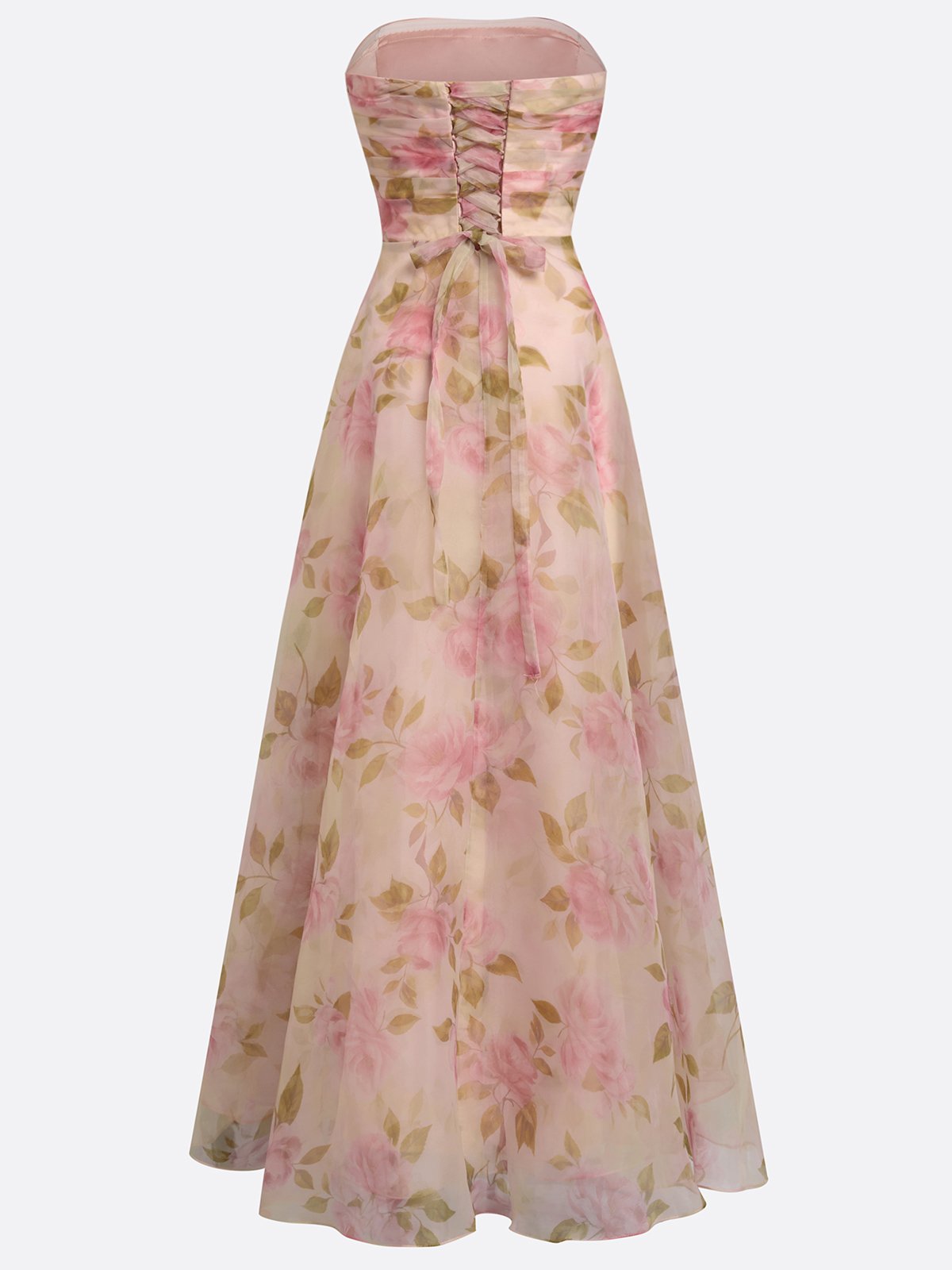 Pink Floral 3D Floral Tulle Strapless Sleeveless A-Line Floor-length Gown Dress
