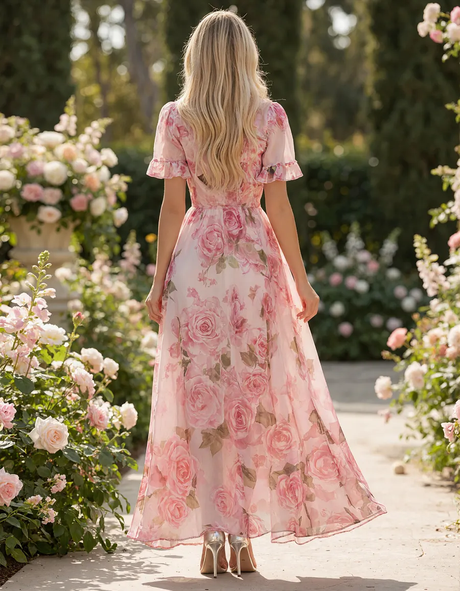 Pink Rose Print V-Neck Chiffon Maxi Dress