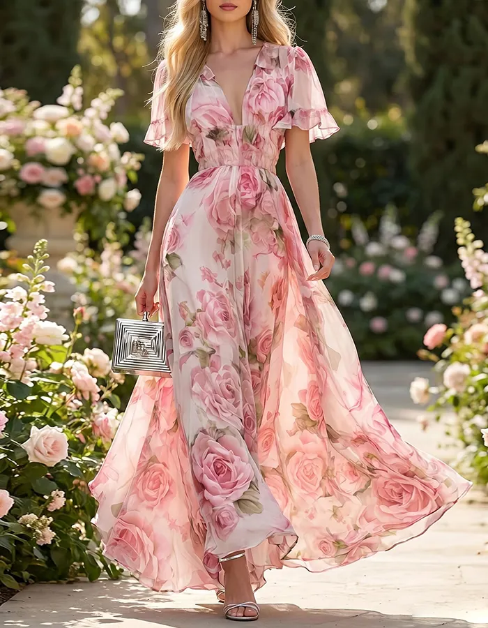 Pink Rose Print V-Neck Chiffon Maxi Dress
