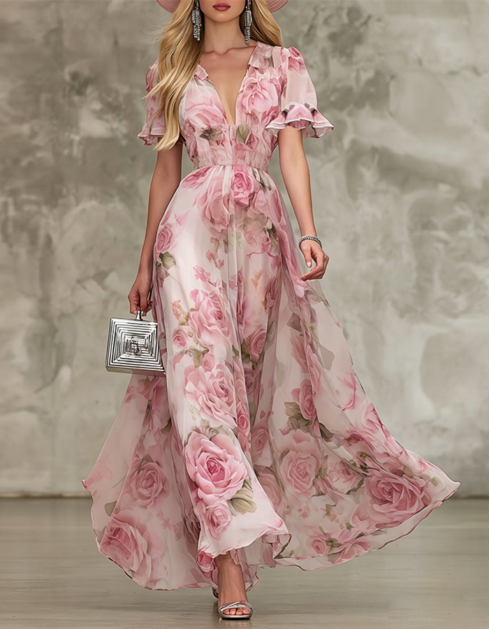Pink Rose Print V-Neck Chiffon Maxi Dress