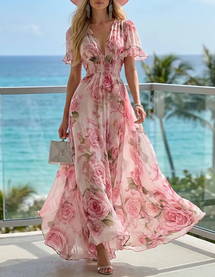 Pink Rose Print V-Neck Chiffon Maxi Dress