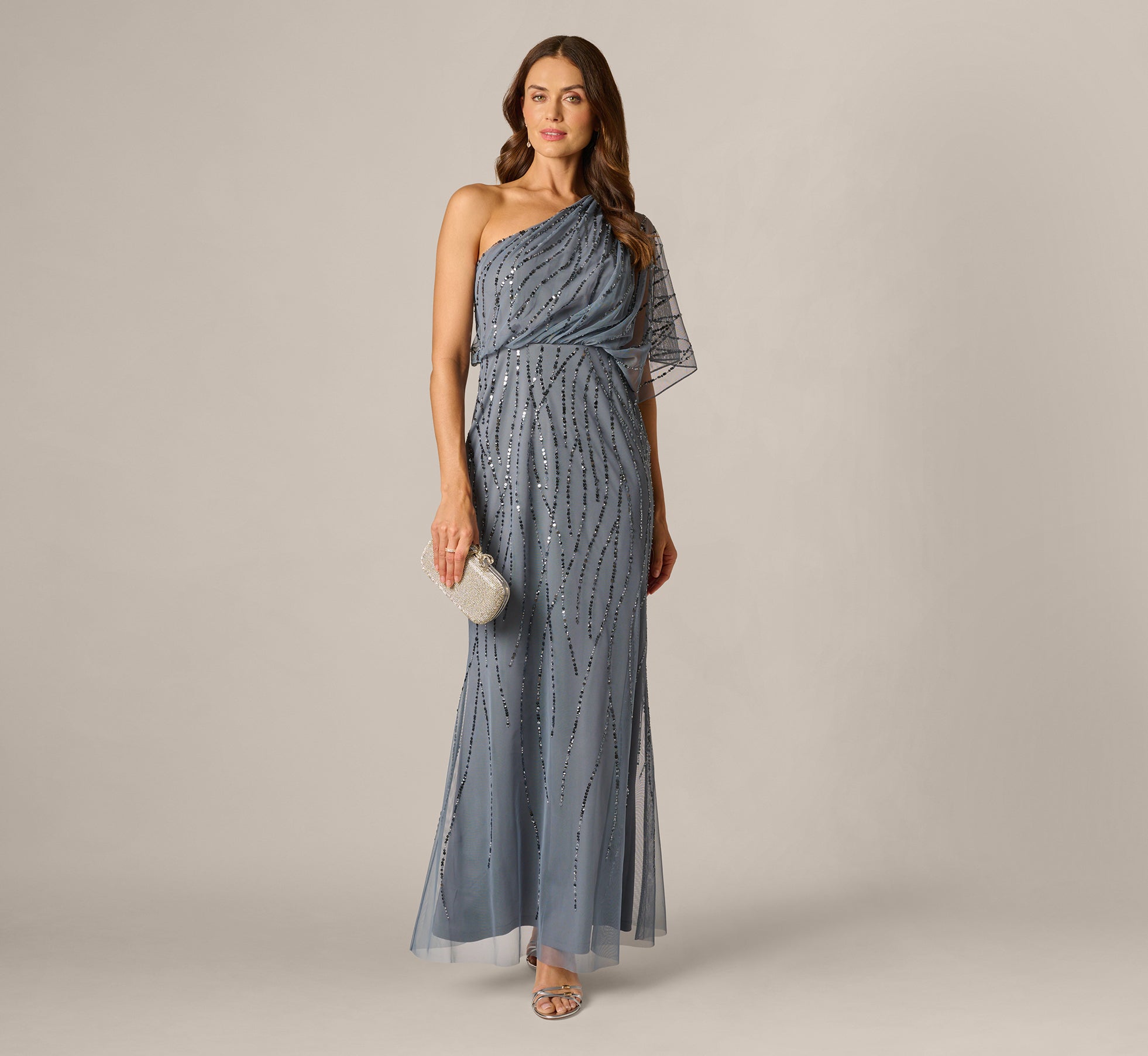 Draped One Shoulder Dress With Sequin Detail In Dusty Blue