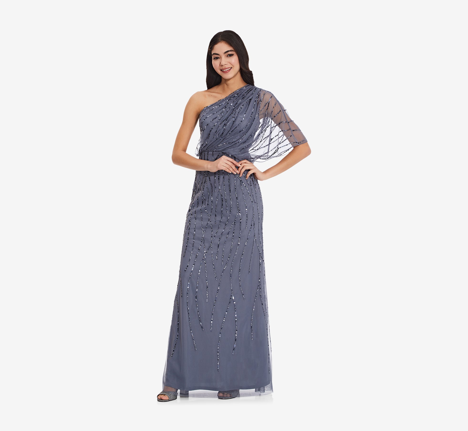 Draped One Shoulder Dress With Sequin Detail In Dusty Blue