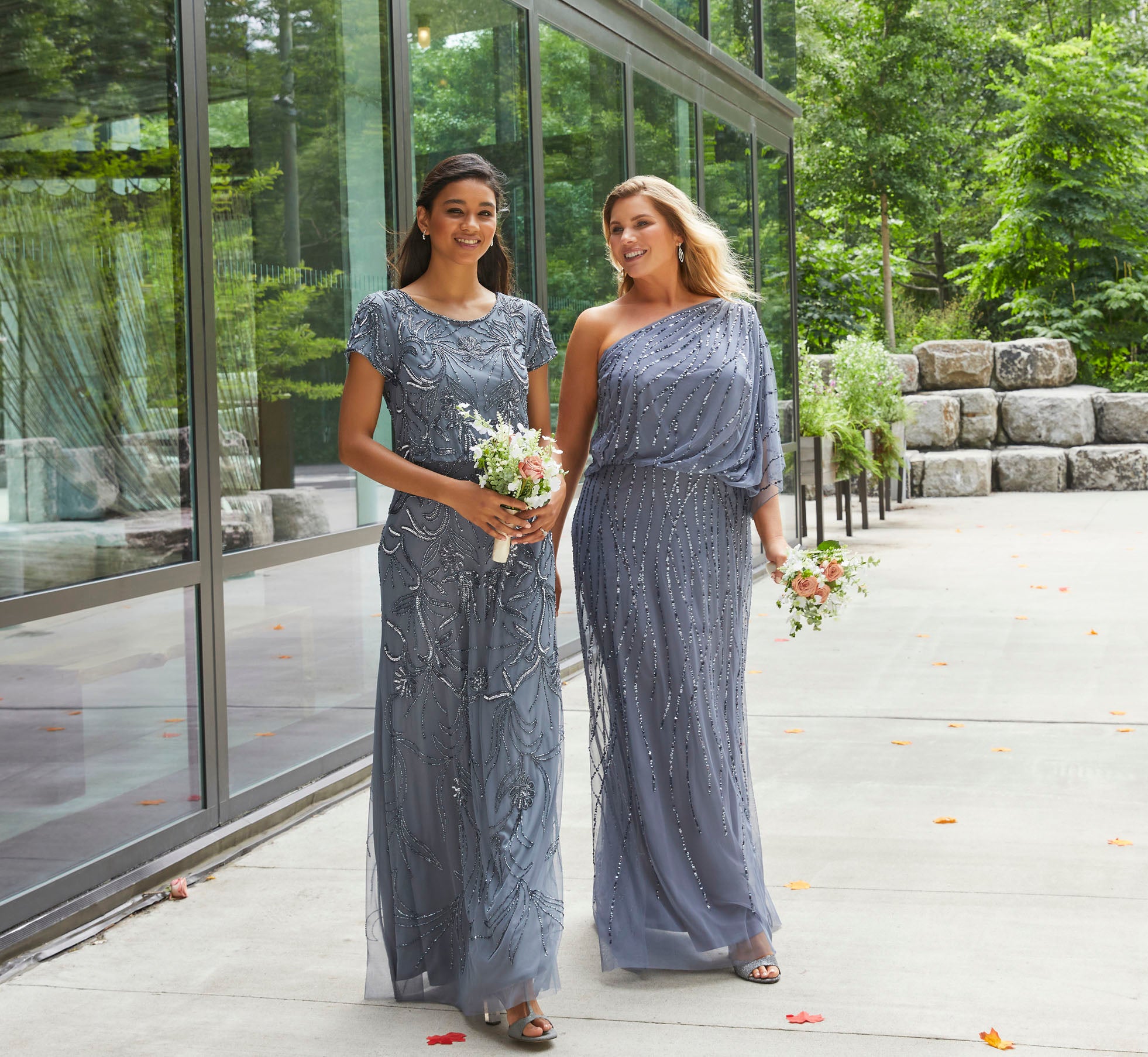 Draped One Shoulder Dress With Sequin Detail In Dusty Blue