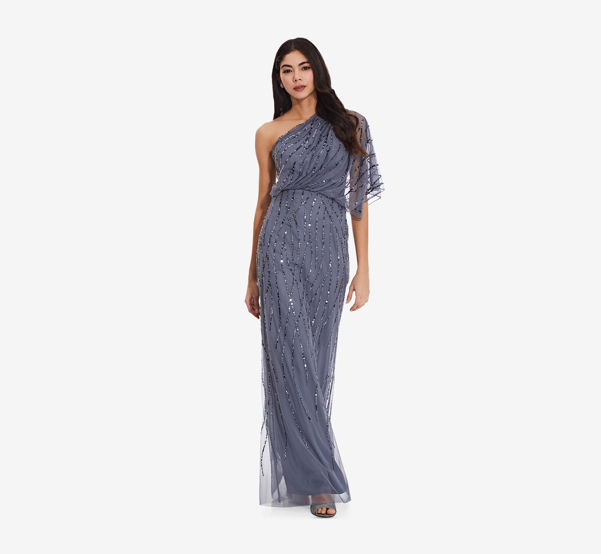 Draped One Shoulder Dress With Sequin Detail In Dusty Blue