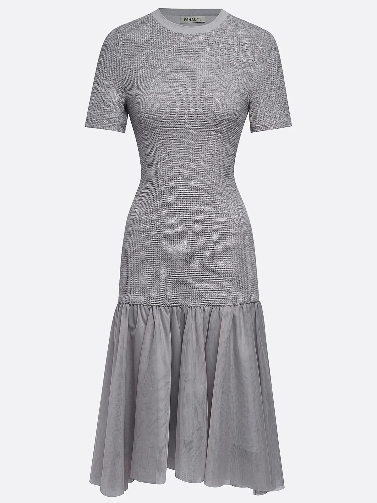 Gray Asymmetric Knit Cotton Crew Neck Half Sleeve Mermaid Midi Dress