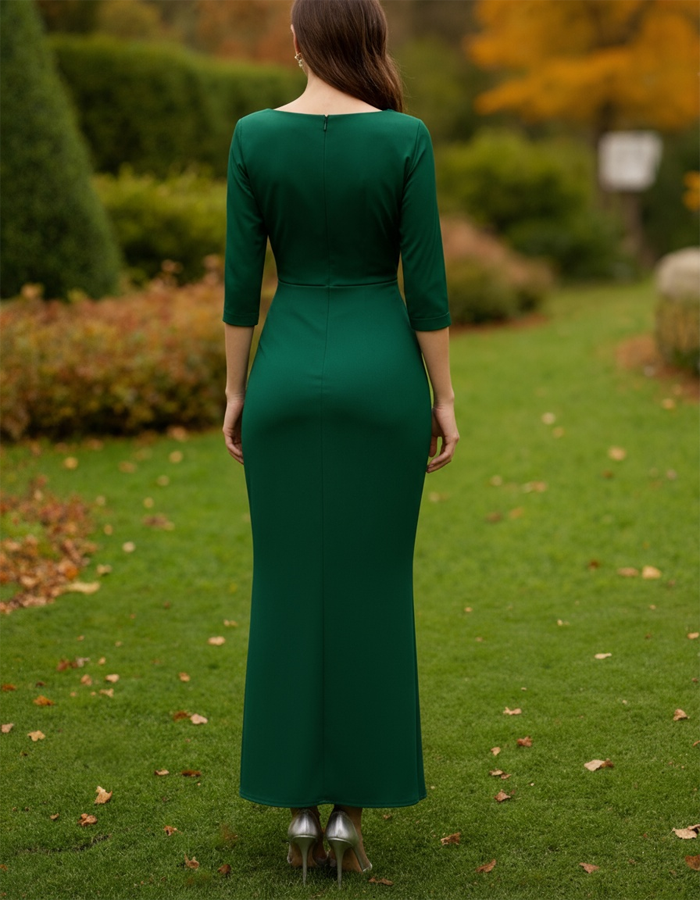 V-Neck Three-Quarter Sleeve Asymmetrical Satin Maxi Dress