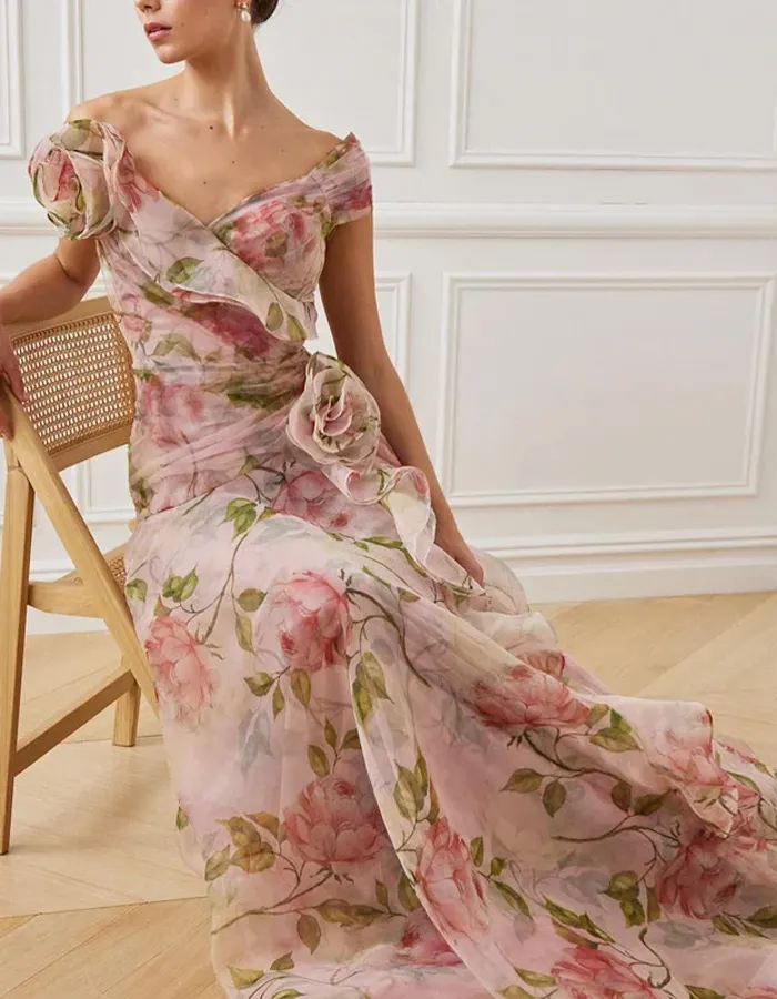 Romantic Pink Floral Organza Gown with Off-Shoulder Ruffle
