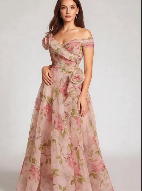 Romantic Pink Floral Organza Gown with Off-Shoulder Ruffle