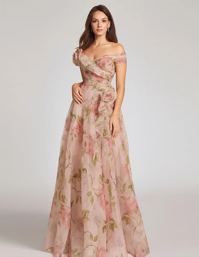 Romantic Pink Floral Organza Gown with Off-Shoulder Ruffle