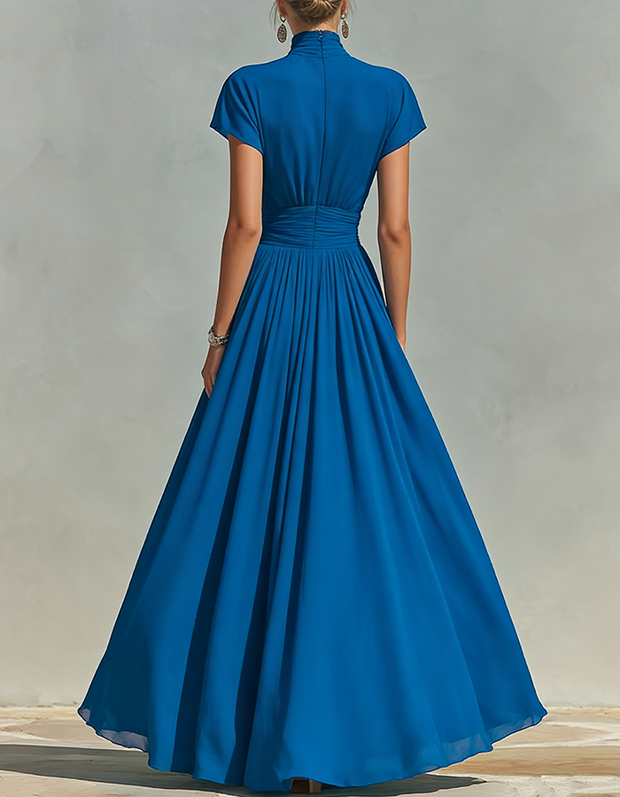 Vibrant Blue Chiffon High-Neck Maxi Dress
