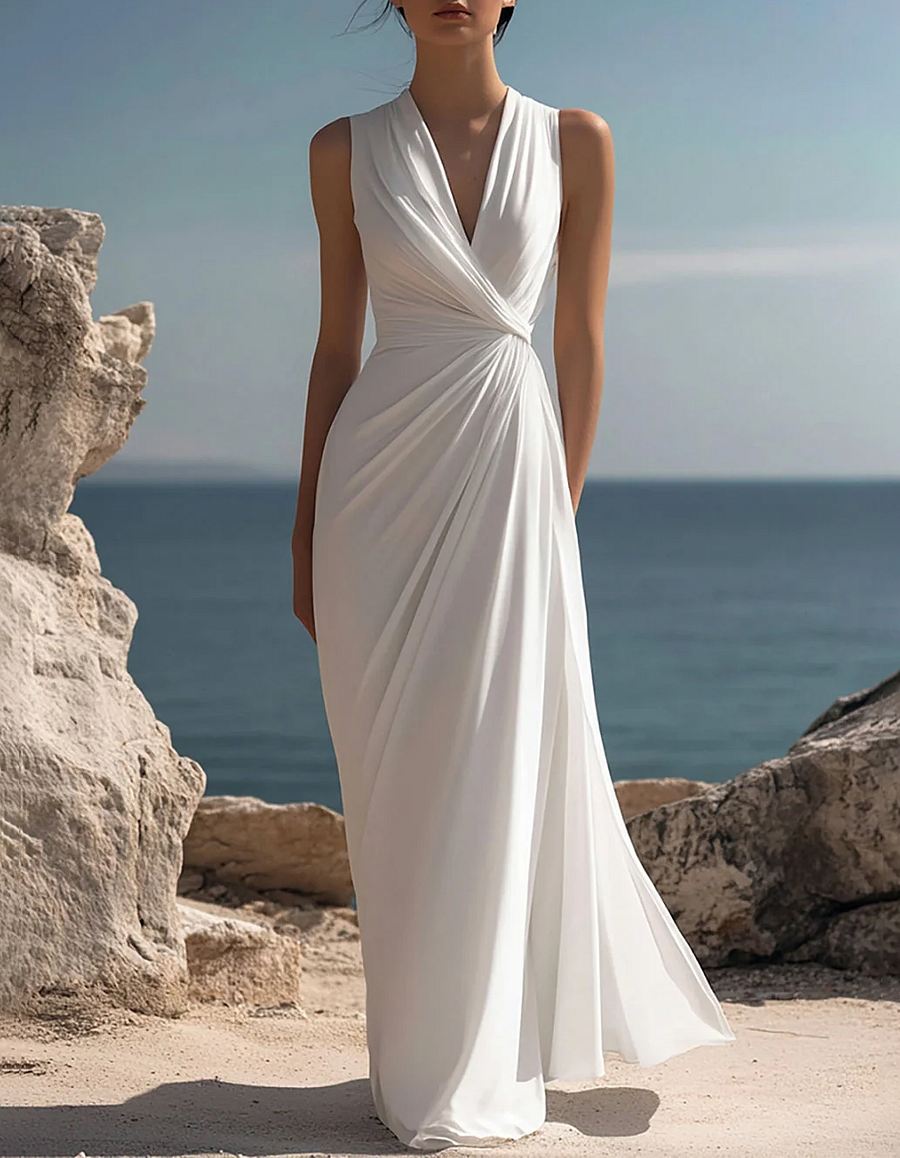 Chiffon V-Neck Fitted Waist Vacation Style Maxi Dress