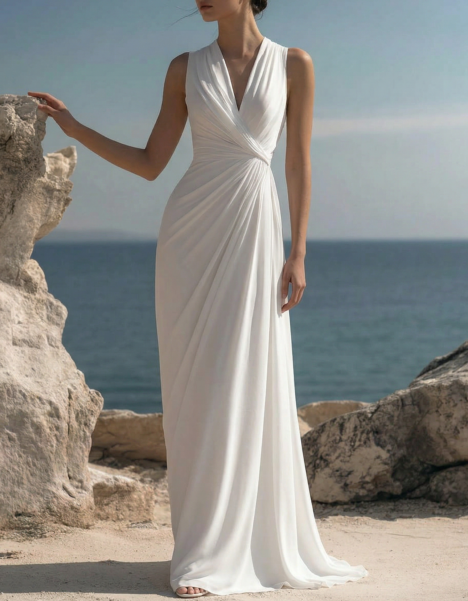 Chiffon V-Neck Fitted Waist Vacation Style Maxi Dress