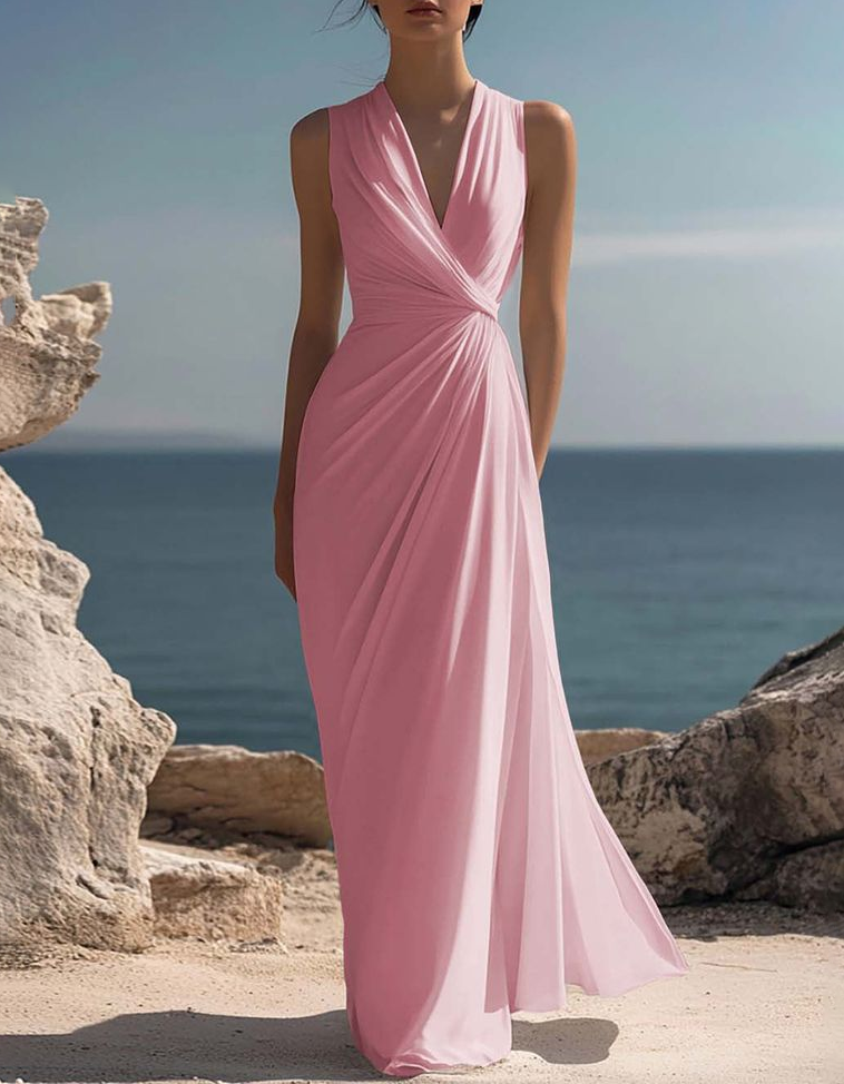 Chiffon V-Neck Fitted Waist Vacation Style Maxi Dress