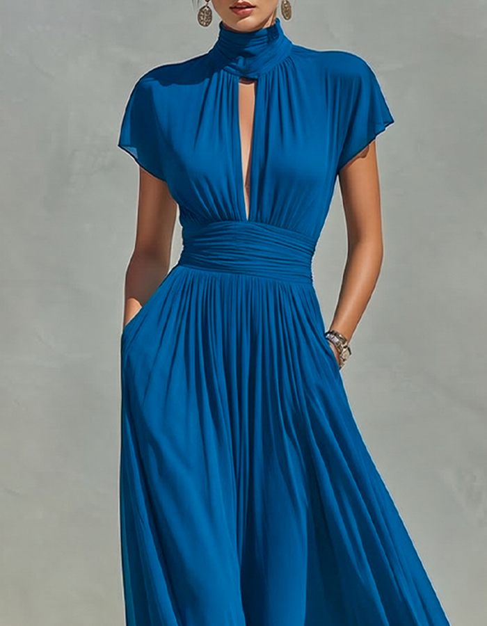 Vibrant Blue Chiffon High-Neck Maxi Dress