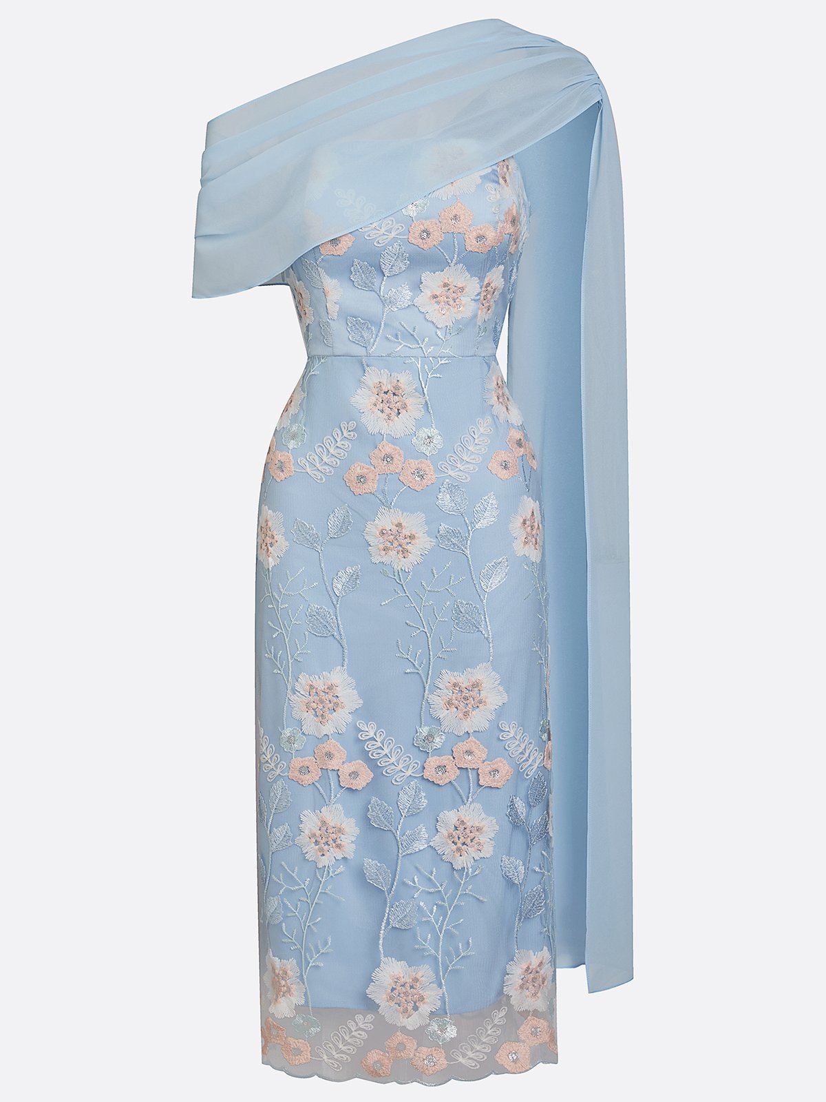 Light Blue Embroidery Classic Strapless Sleeveless Sheath Midi Dress