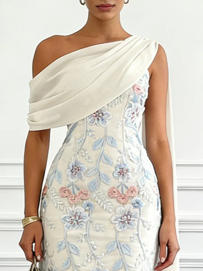 Light Blue Embroidery Classic Strapless Sleeveless Sheath Midi Dress