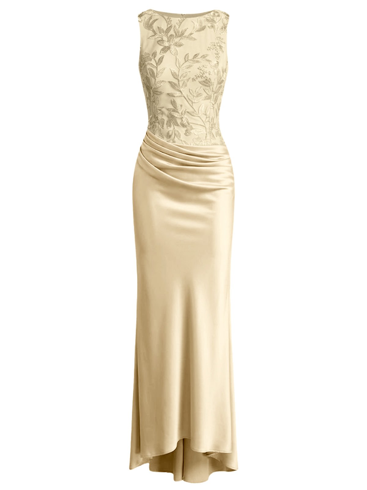 Light Pink Embroidery Satin Crew Neck Sleeveless Sheath Gown Dress