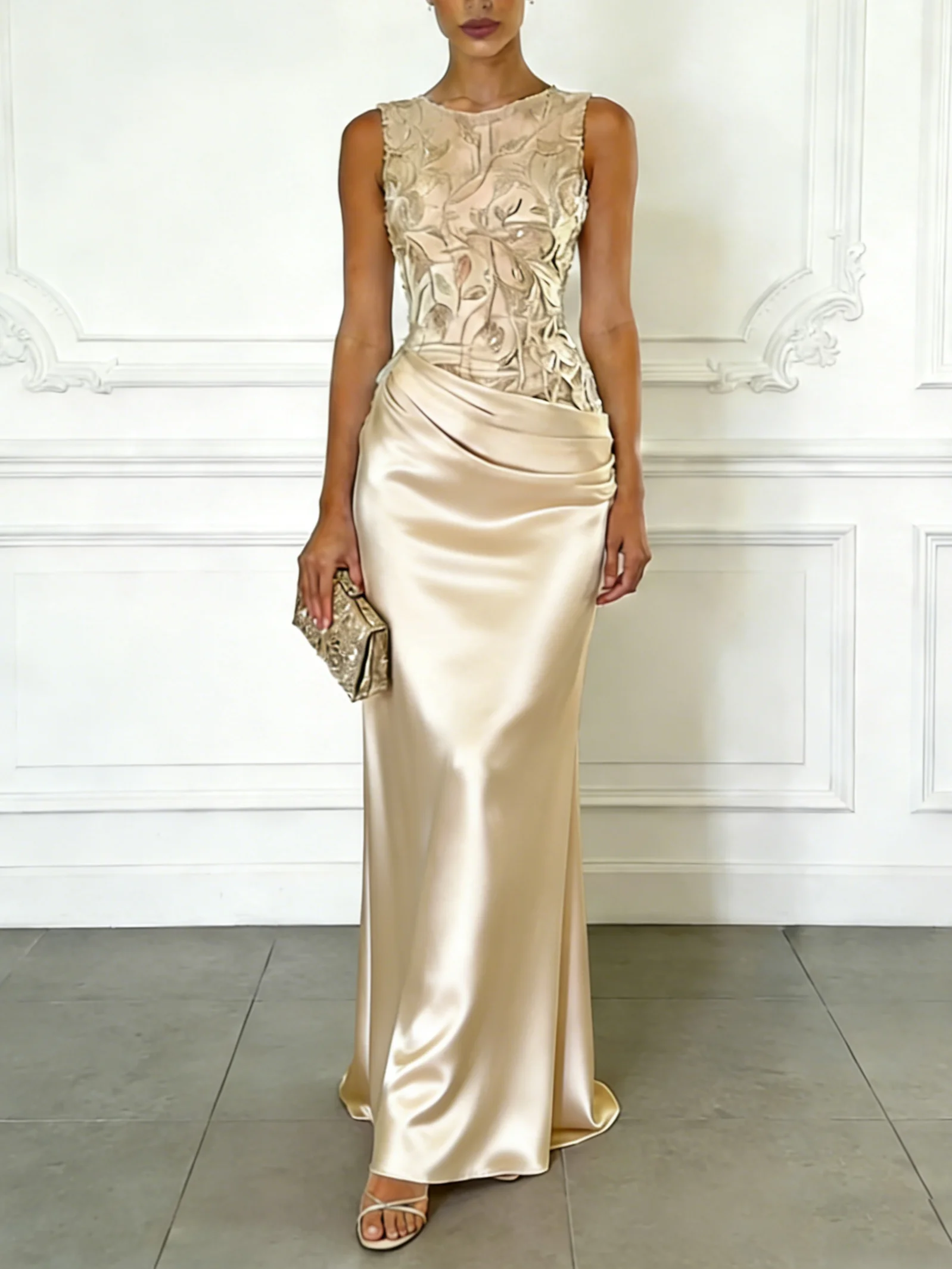 Light Pink Embroidery Satin Crew Neck Sleeveless Sheath Gown Dress