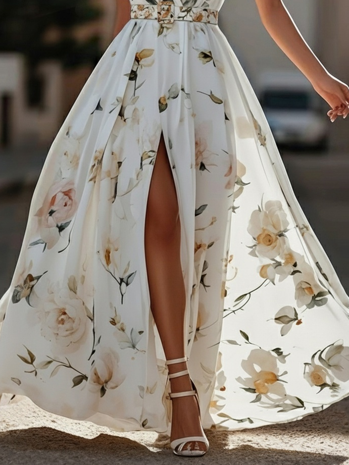 Light Green Floral Ruched One Shoulder A-Line Maxi Chiffon Dress