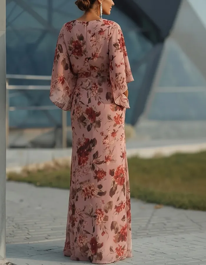 Pink Floral Chiffon Batwing Sleeve Pleated Maxi Dress