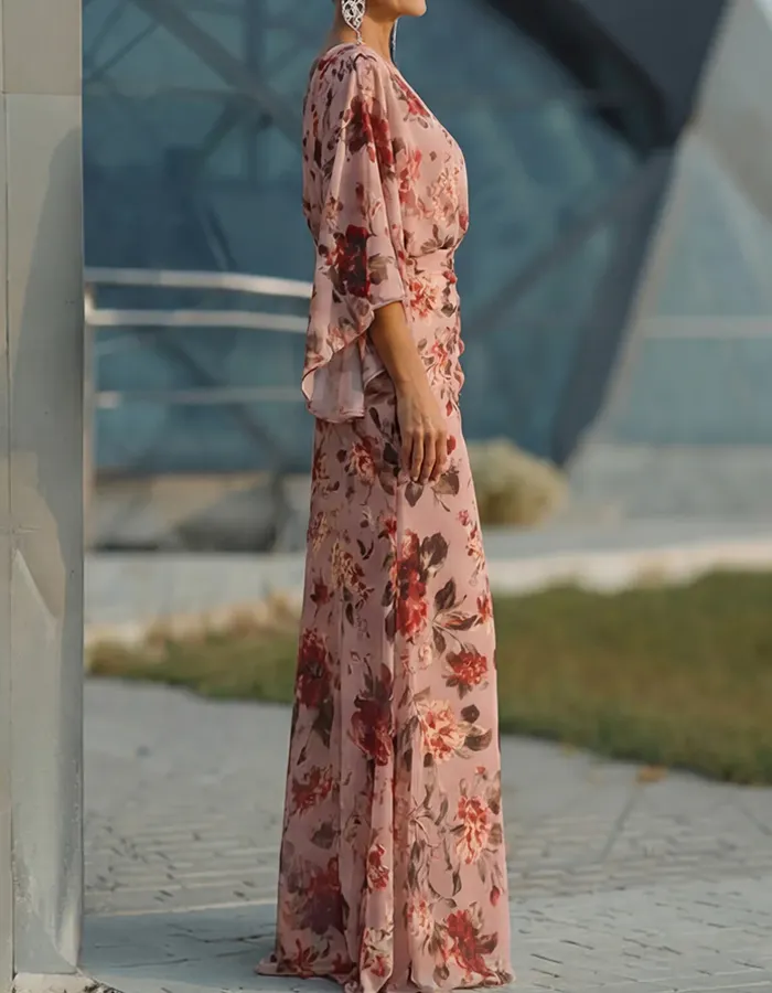 Pink Floral Chiffon Batwing Sleeve Pleated Maxi Dress