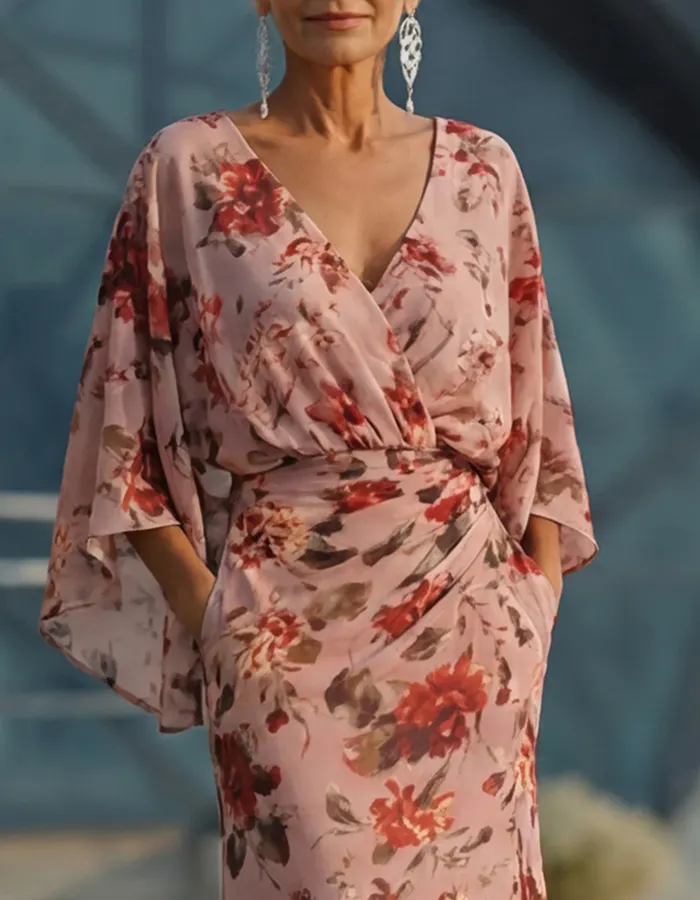 Pink Floral Chiffon Batwing Sleeve Pleated Maxi Dress