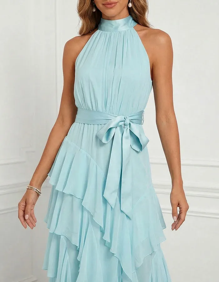 Blue Halter Neck Ruffled Chiffon Maxi Dress