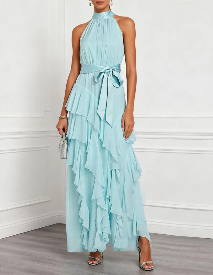 Blue Halter Neck Ruffled Chiffon Maxi Dress