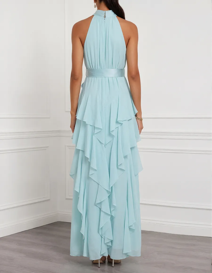 Blue Halter Neck Ruffled Chiffon Maxi Dress