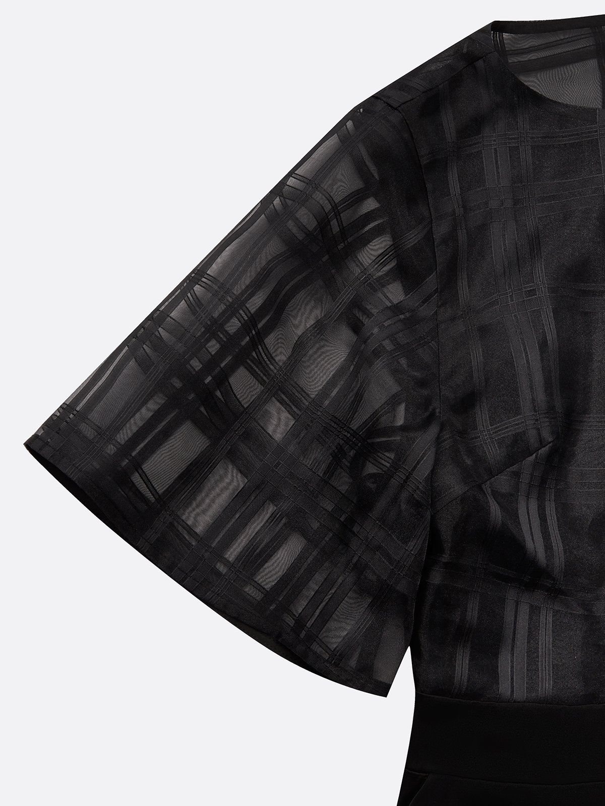 Black Organza Plaid Classic Boat Neck Half Sleeve Dolman Sleeve Sheath Midi Dress