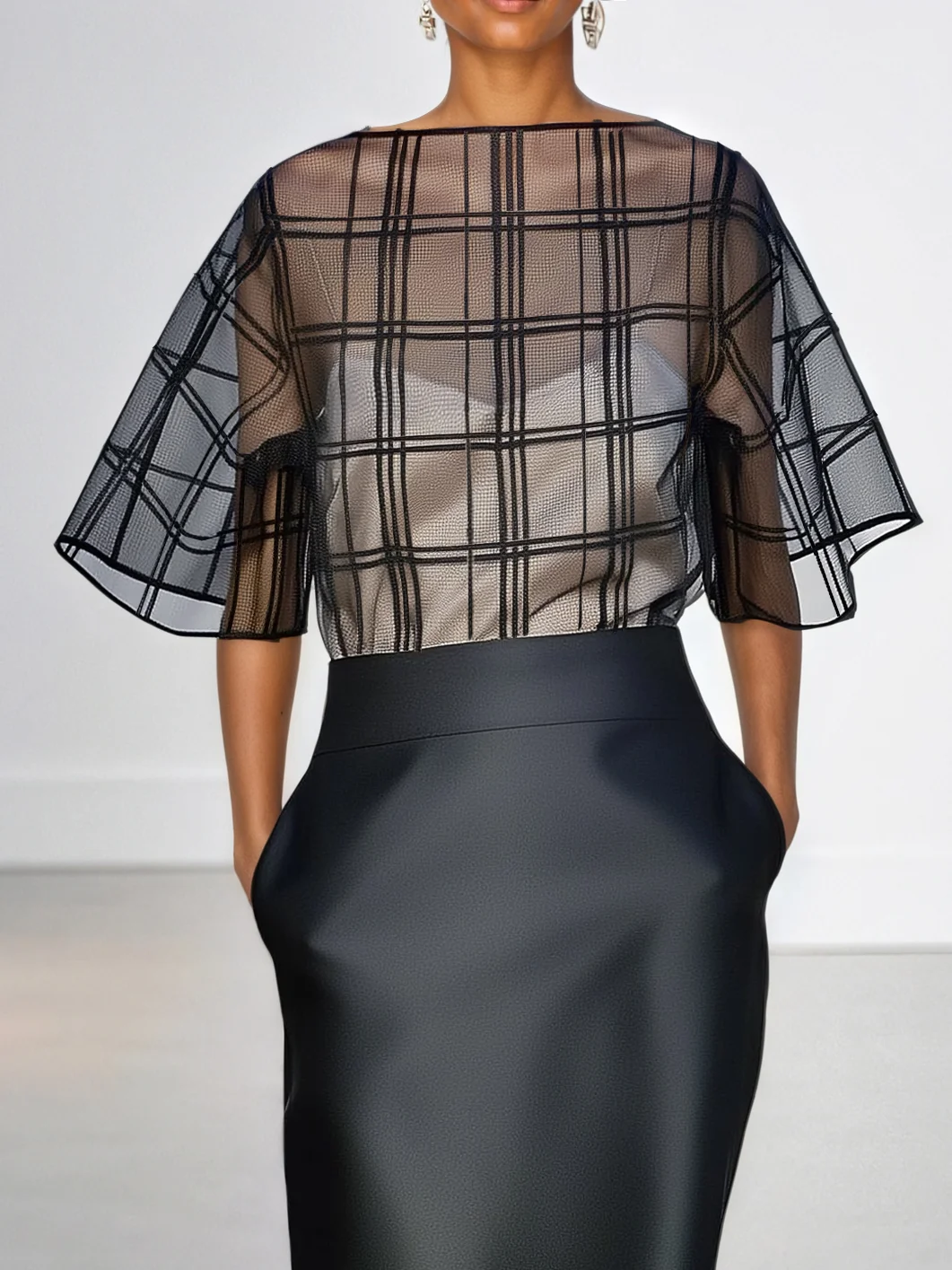 Black Organza Plaid Classic Boat Neck Half Sleeve Dolman Sleeve Sheath Midi Dress