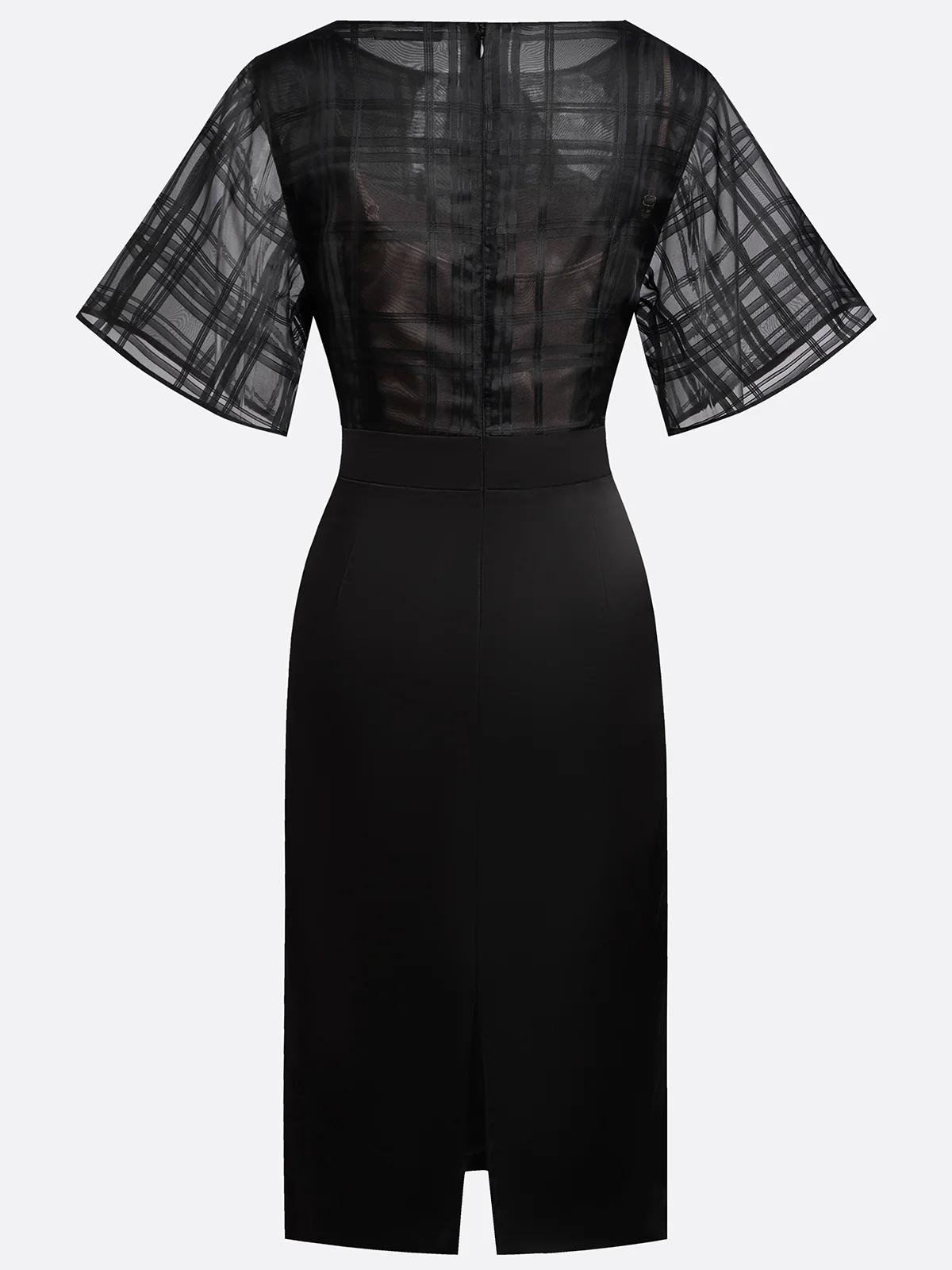 Black Organza Plaid Classic Boat Neck Half Sleeve Dolman Sleeve Sheath Midi Dress