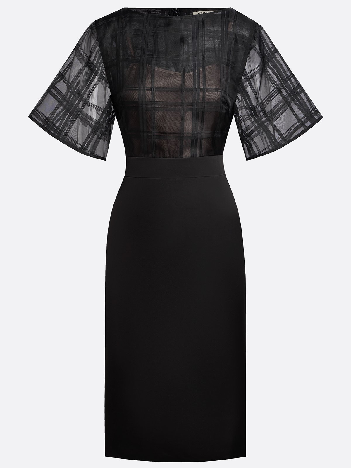 Black Organza Plaid Classic Boat Neck Half Sleeve Dolman Sleeve Sheath Midi Dress